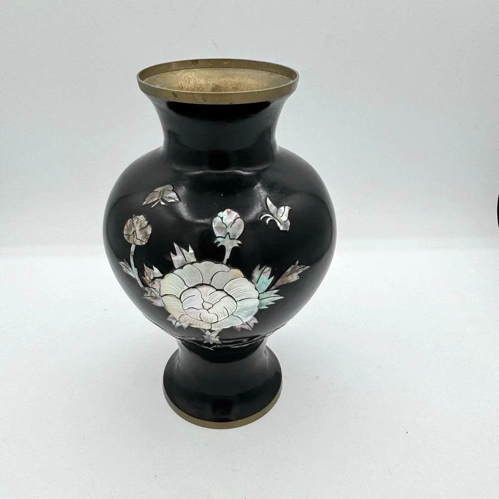 Vintage Korean Black Lacquered Brass Vase Mother of Pearl Inlaid Floral